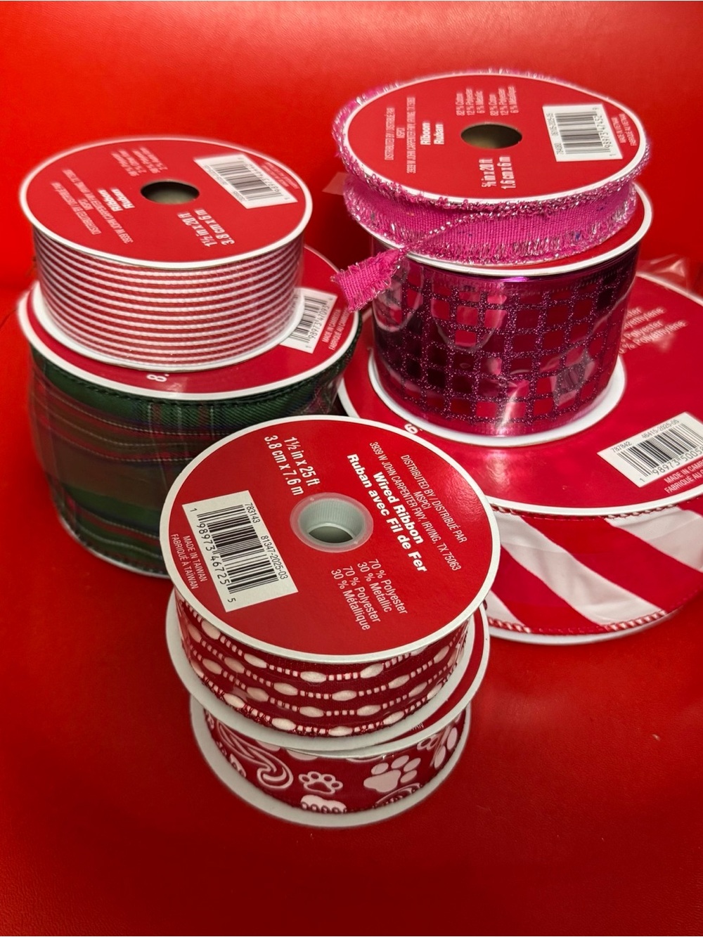 7 Spools Christmas Holiday Ribbon Lot Red Green Pink Decorative Craft Gift Wrap